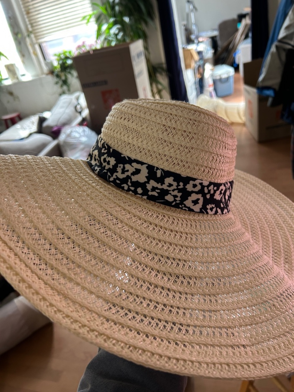 a new day Beige Straw Sun Hat with Black & White Floral Band